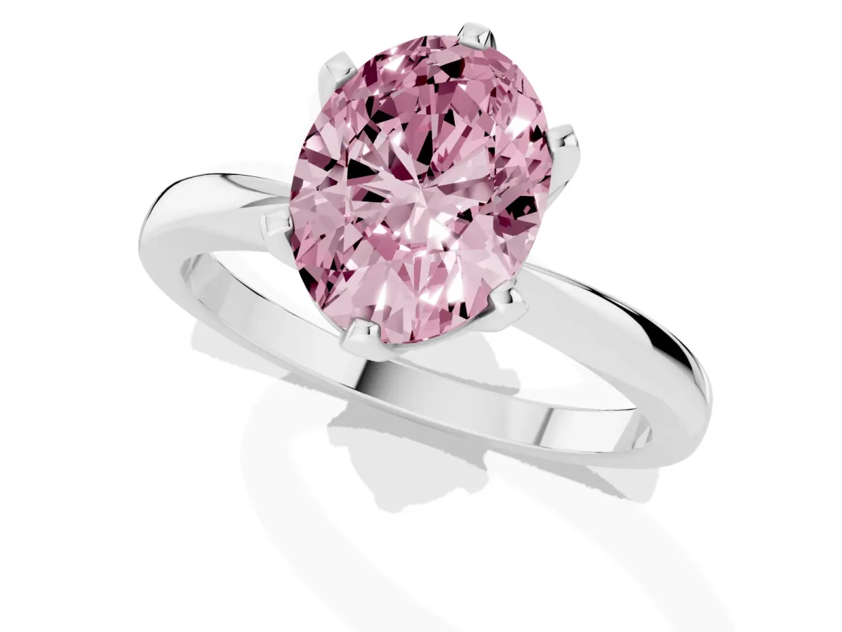 Fancy Pink Oval Cut Solitaire Engagement Ring with Six-Prong Setting and Tapered Band Silver
