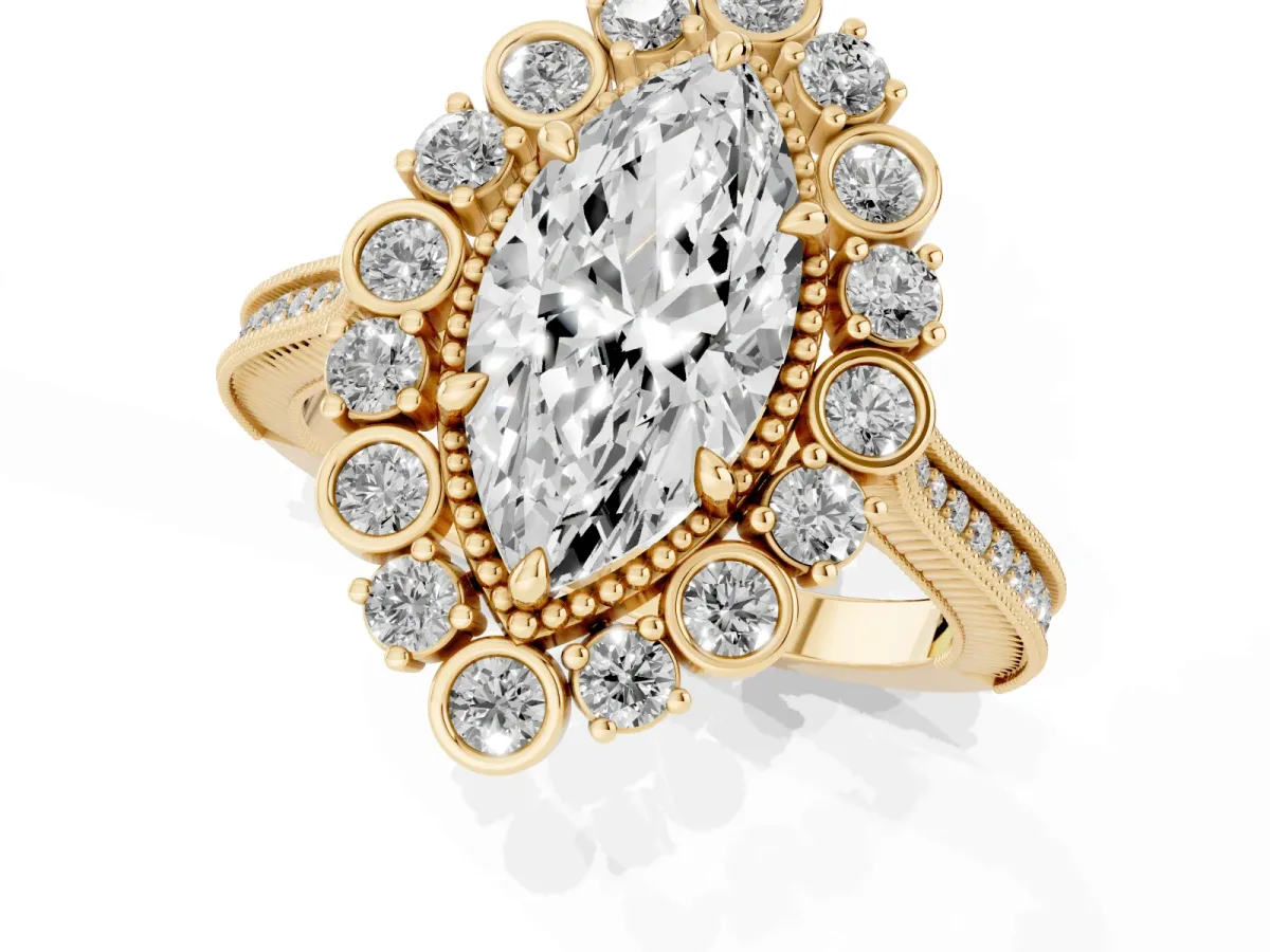 Marquise Cut Halo Milgrain Pave Diamond Ring with Four-Prong Setting Yellow gold