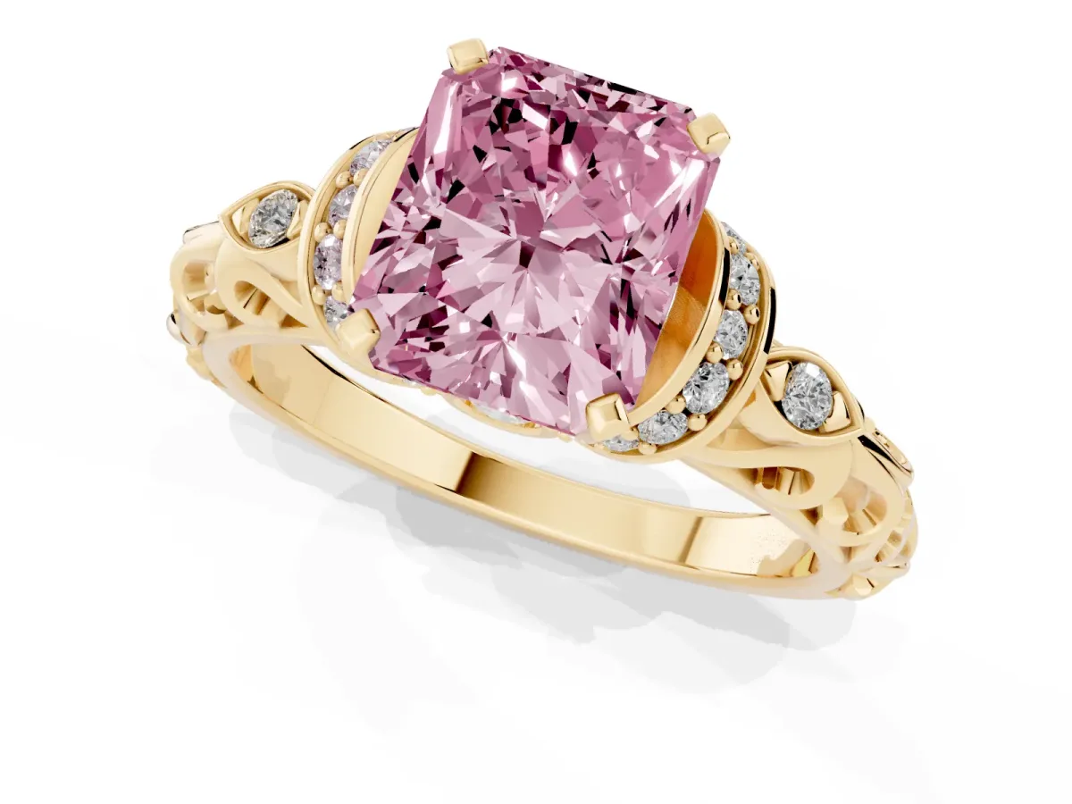 Fancy Pink Radiant Cut Diamond Solitaire Ring with Filigree Band and Four-Prong Setting Yellow gold