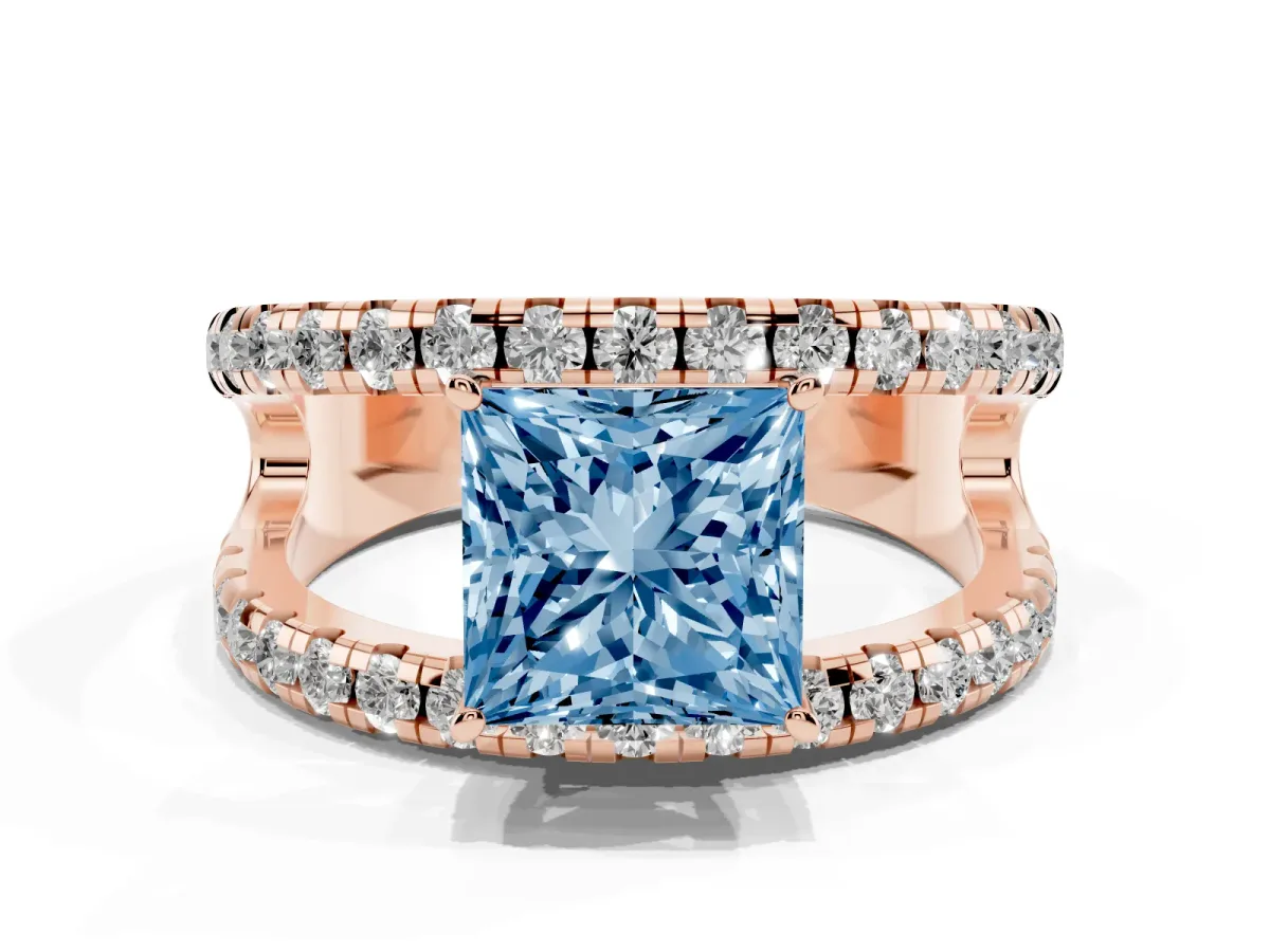 Fancy Blue Princess Cut Solitaire Split Shank Pave Diamond Ring Rose gold