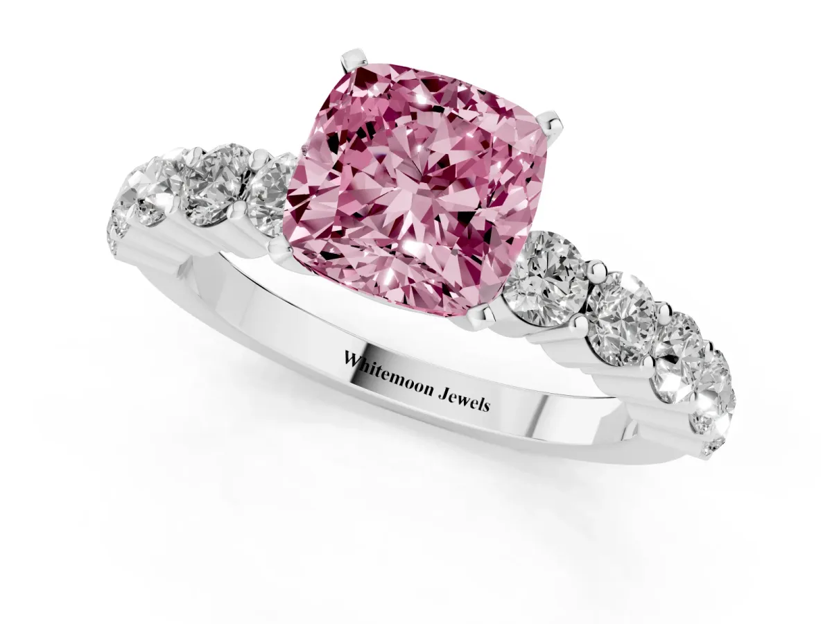 Fancy Pink Cushion Cut Diamond Solitaire Ring with Shared Prong Round Side Stones Silver