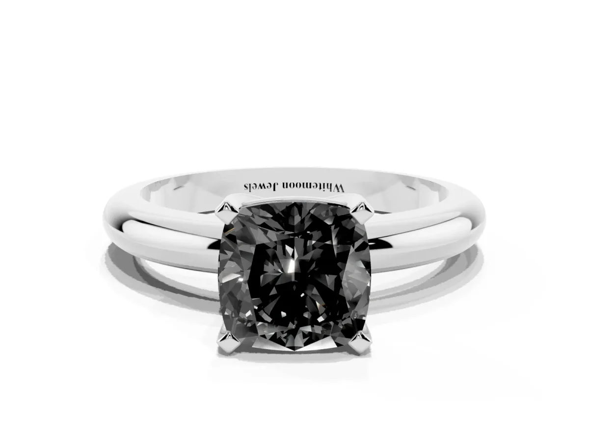 Fancy Black Cushion Cut Diamond Solitaire Engagement Ring with Round Band and Four-Prong Setting Platinum