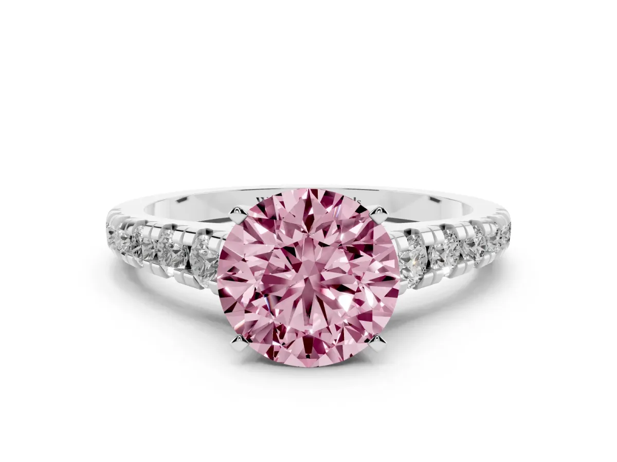Fancy Pink Round Cut Diamond Cathedral Solitaire Ring with Round Pavé Band White gold