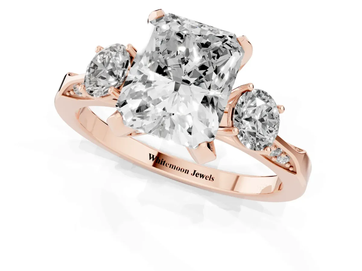 Radiant Cut Brilliant Three-Stone Diamond Ring with Pavé Band and Four-Prong Setting Rose gold