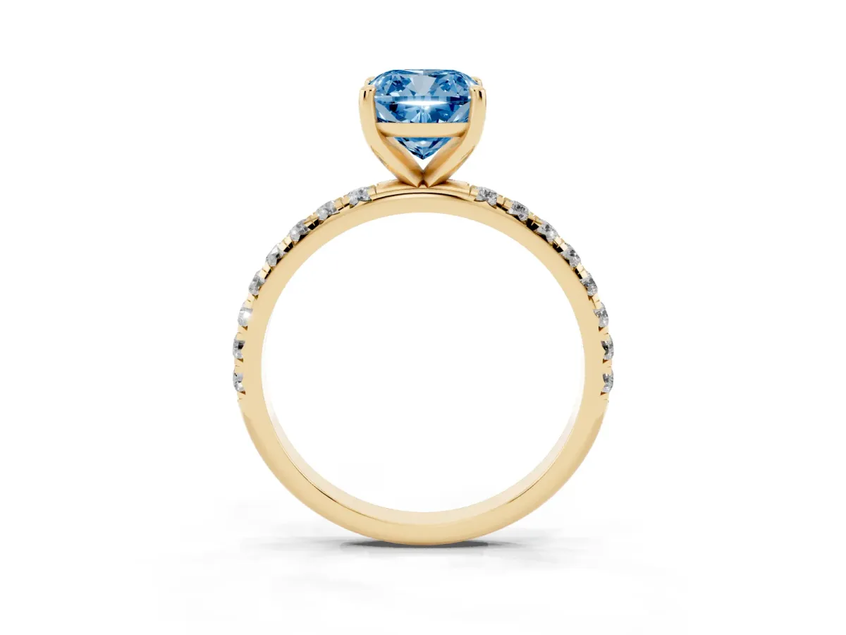 Fancy Blue Cushion Cut Cut Diamond Solitaire Ring with Micro Pave Band and Four Prong Setting Yellow gold