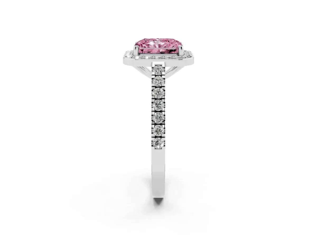 Fancy Pink Radiant Cut Diamond Halo Ring with Round Pavé Split Shank and Prong Setting Silver