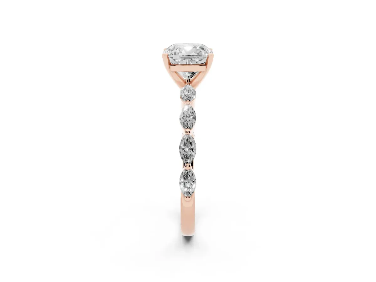 Cushion Cut Diamond Ring with Marquise Side Stones and Prong Setting Rose gold