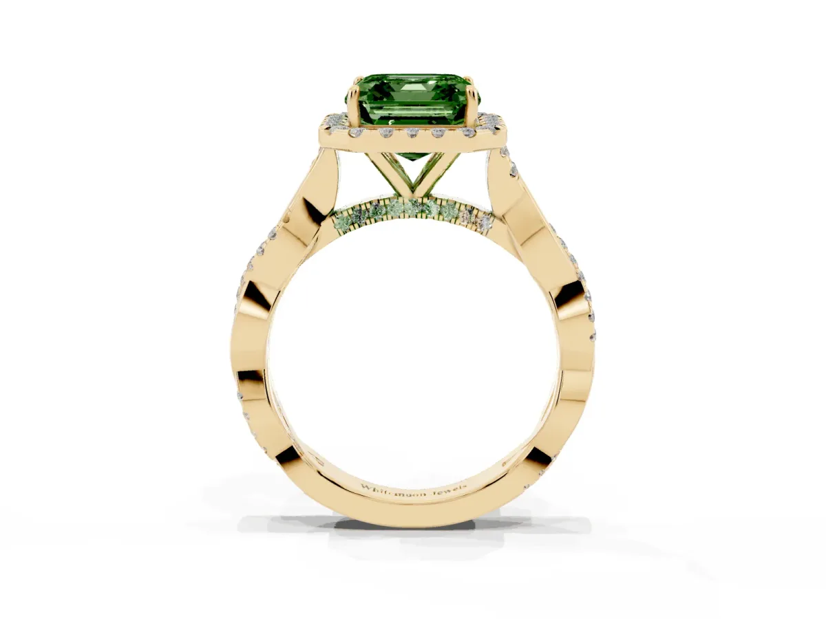 Fancy Green Asscher Cut Halo Twist Band Solitaire Ring Yellow gold