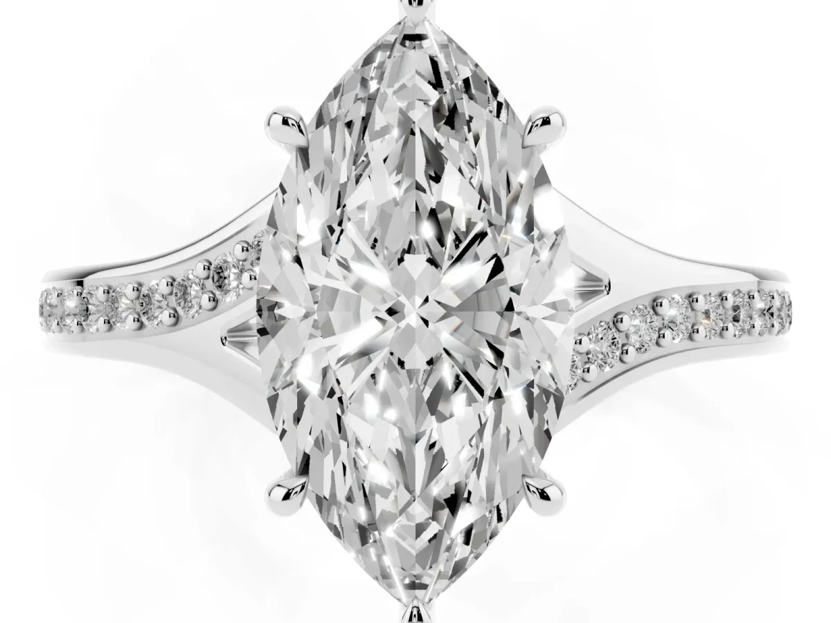 Marquise Cut Diamond Solitaire Ring with Pavé Band and Prong Setting Platinum