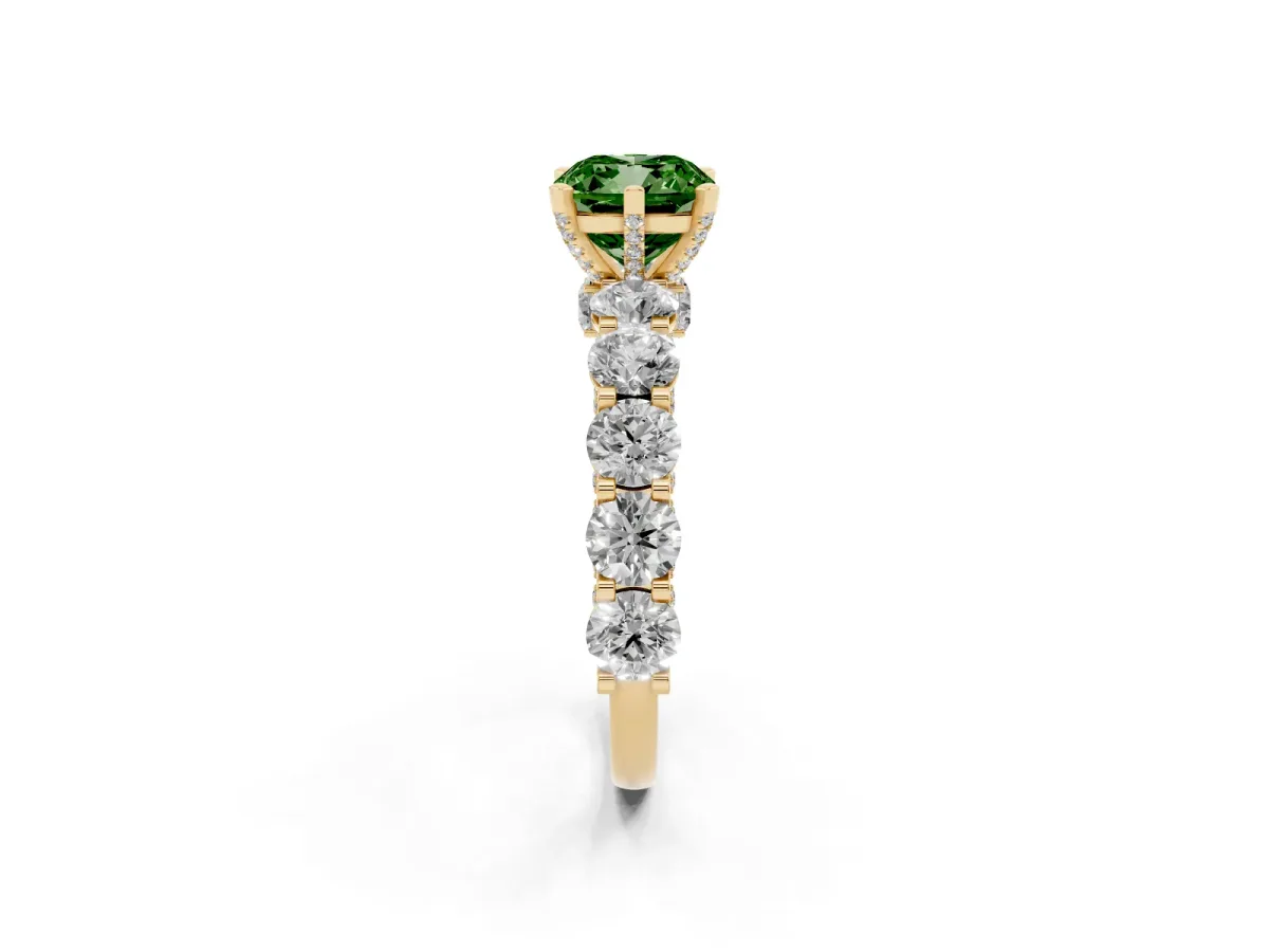 Fancy Green Cushion Cut Diamond Side Stone Engagement Ring with Four-Prong Setting Yellow gold
