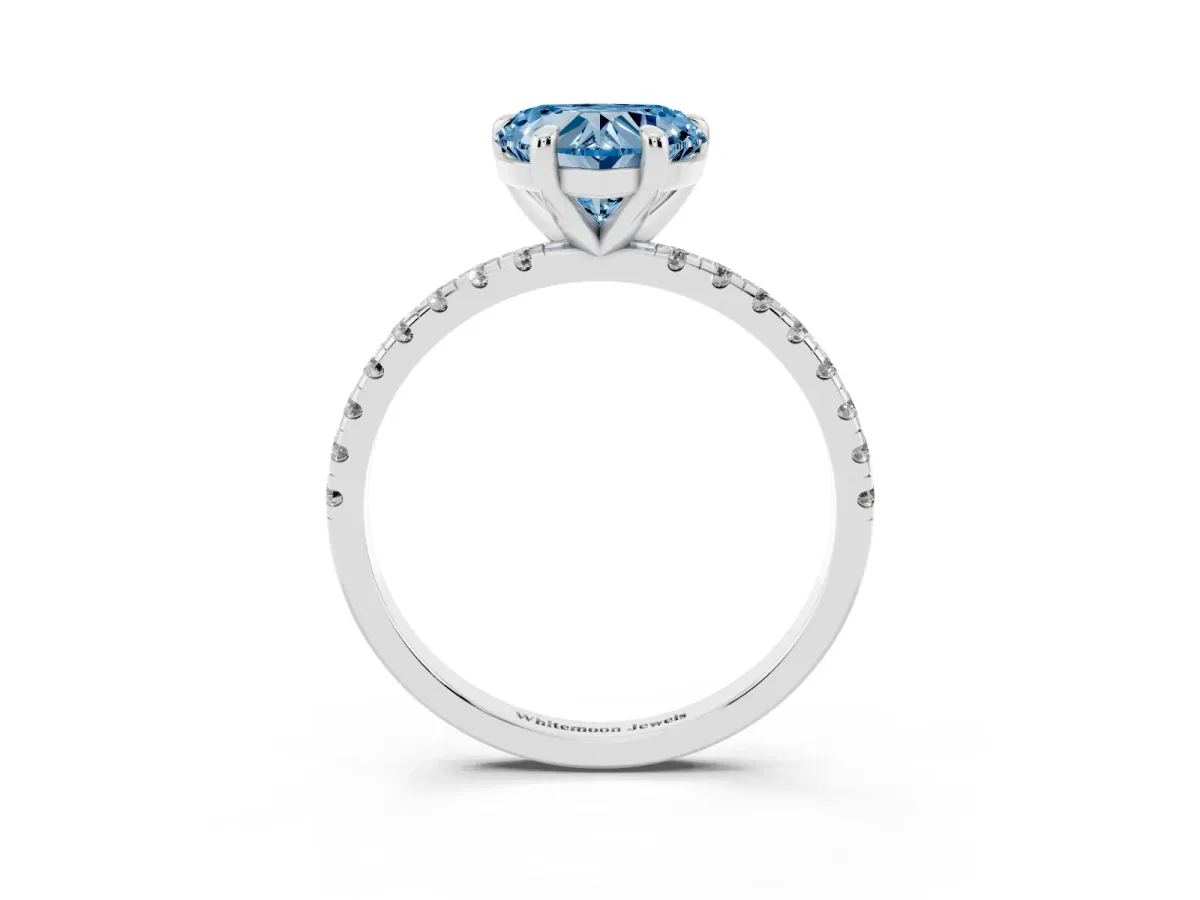 Fancy Blue Heart Cut Diamond Brilliant Solitaire Ring with Pavé Band and Four-Prong Setting Platinum