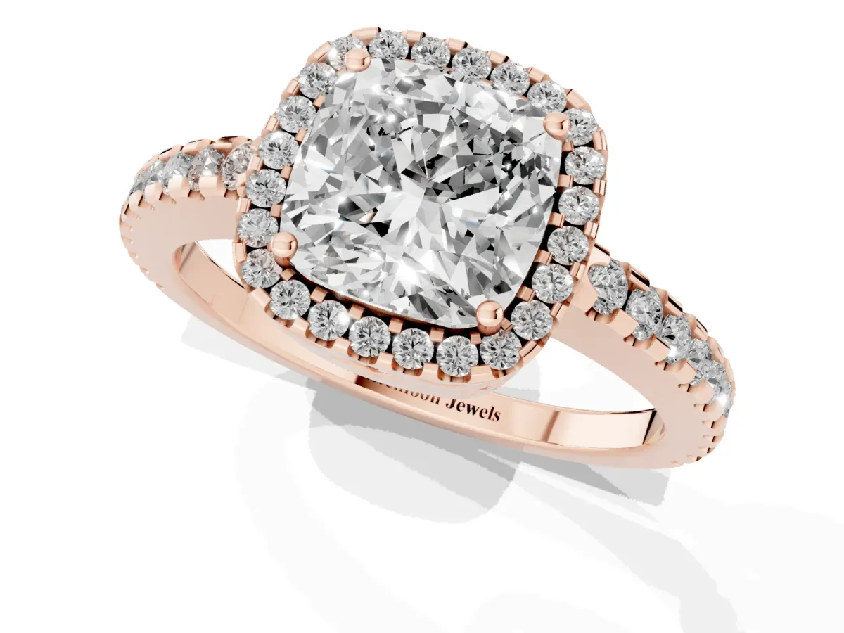 Cushion Cut Diamond Halo Engagement Ring with Pavé Band and Prong Setting Rose gold