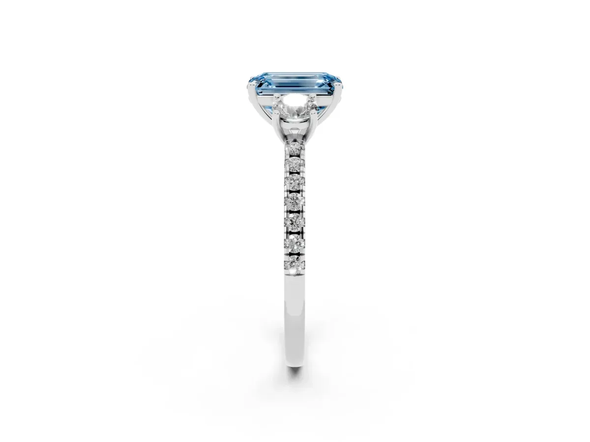 Fancy Blue Three-Stone Emerald Cut Cut Diamond Pavé Band with Prong Setting Platinum