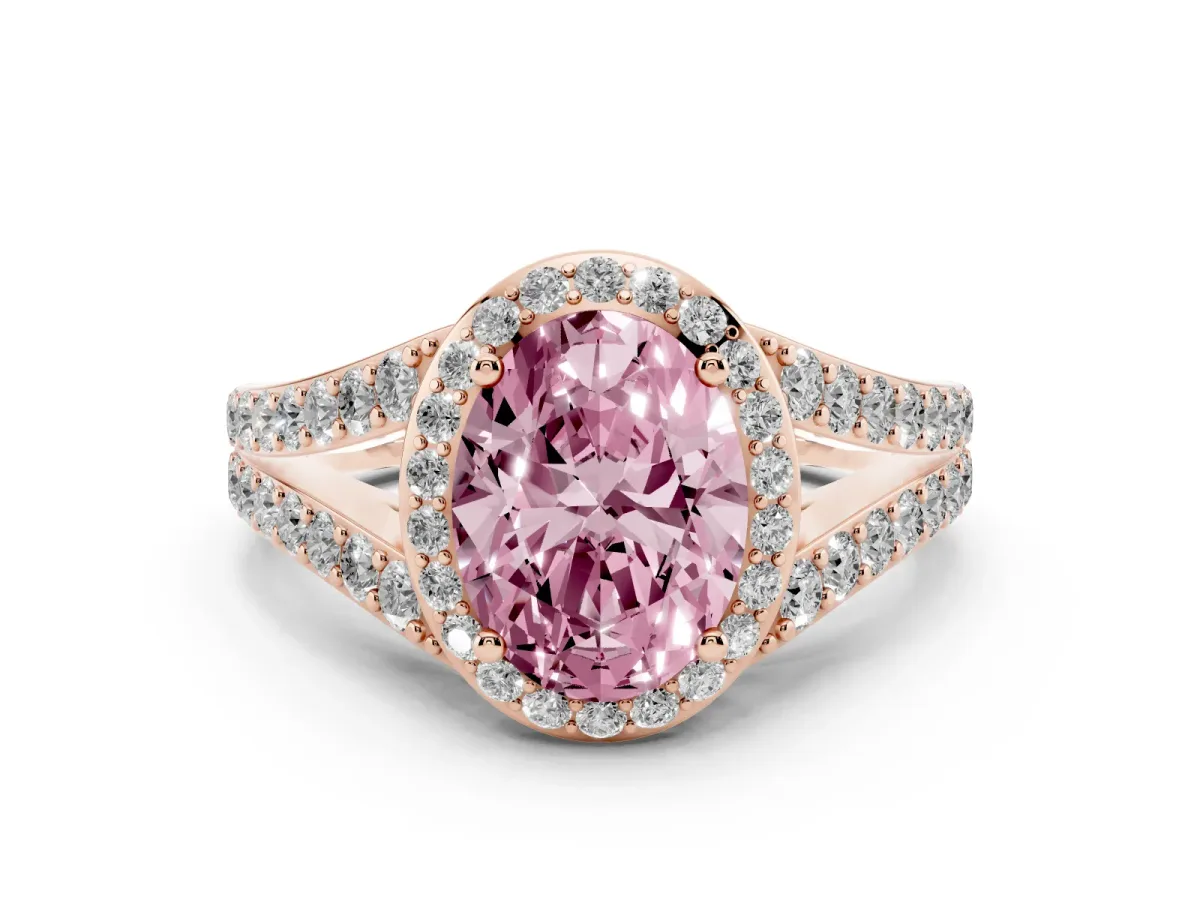 Fancy Pink Oval Cut Diamond Split Shank Halo Ring with Four-Prong Setting Rose gold