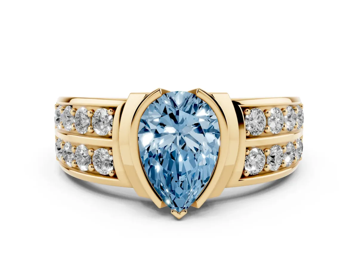 Fancy Blue Pear Cut Brilliant Diamond Channel Set Wide Band Ring with Bezel Setting Yellow gold