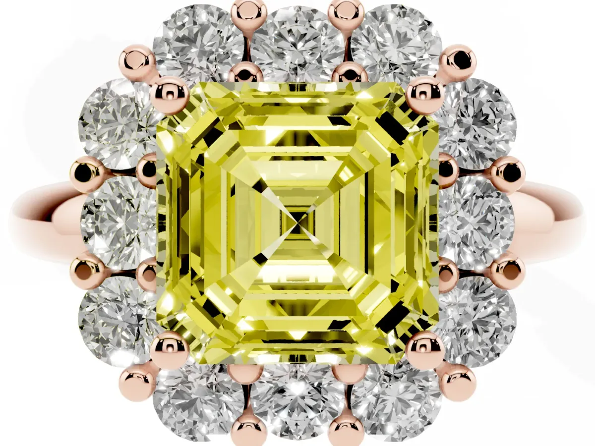 Fancy Yellow Asscher Cut Halo Cluster Diamond Engagement Ring with Prong Setting and Polished Band Rose gold