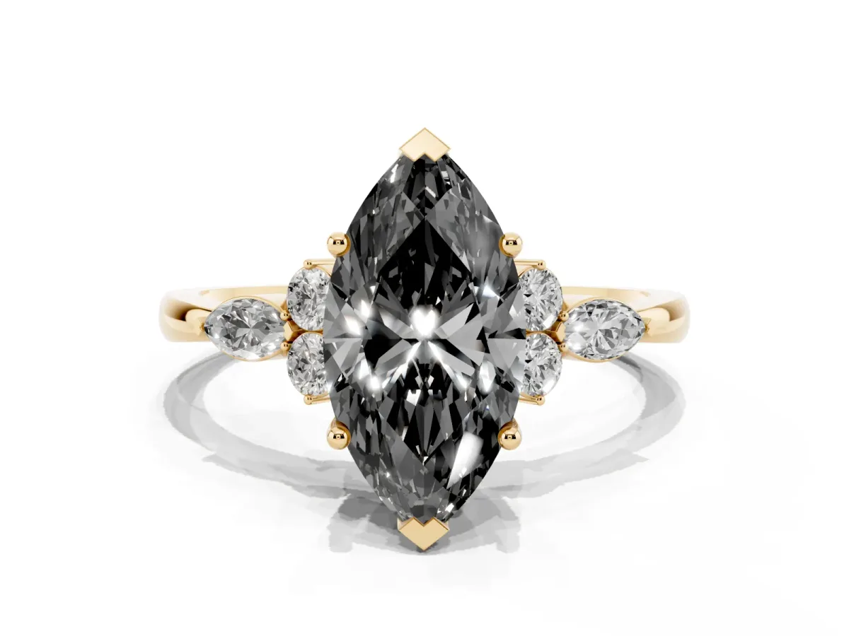 Fancy Black Marquise Cut Brilliant Diamond Solitaire Ring with Pear Side Stones and Four-Prong Setting Yellow gold