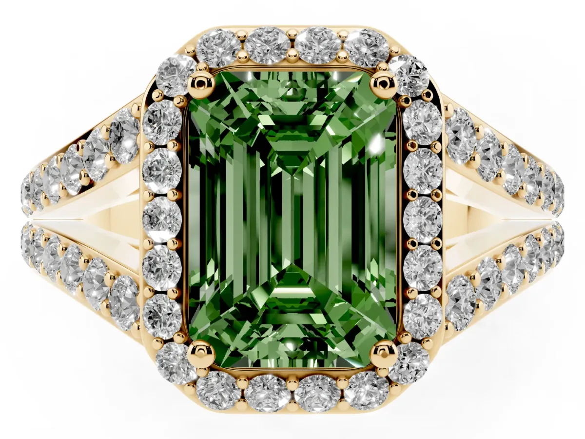 Fancy Green Emerald Cut Diamond Split Shank Halo Ring with Four-Prong Setting Yellow gold