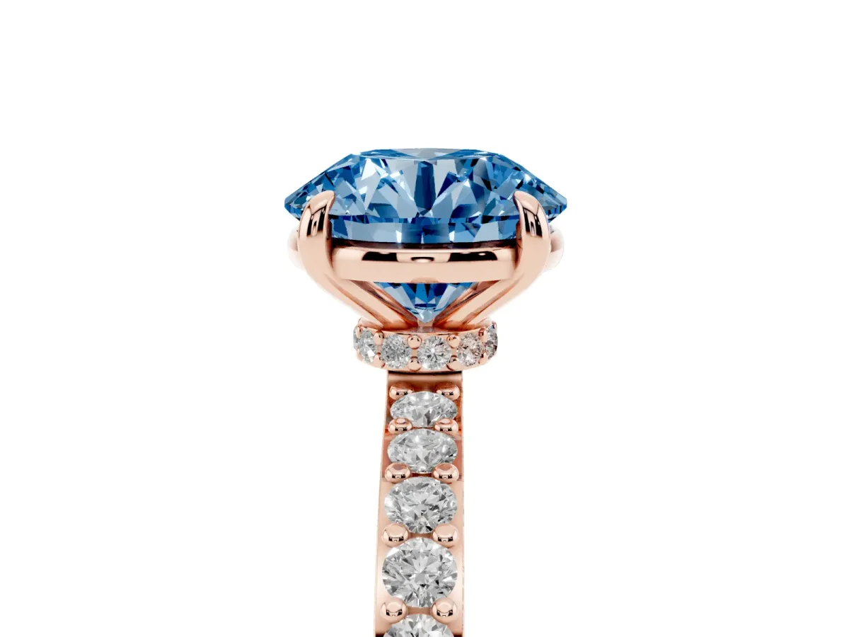 Fancy Blue Round Cut Diamond Pavé Engagement Ring with Round Accents and Prong Setting Rose gold