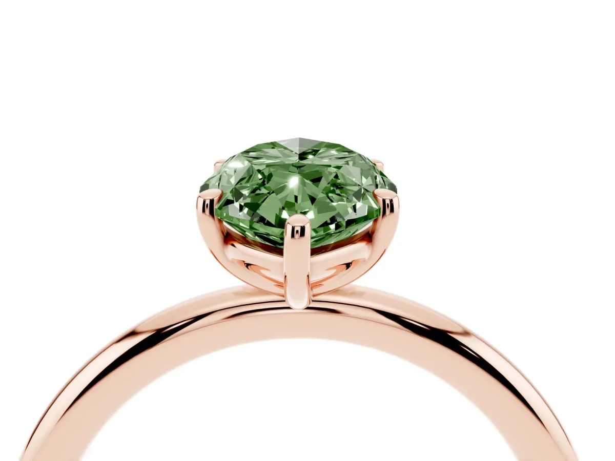 Fancy Green Oval Cut Solitaire Diamond Ring with Four-Prong Setting on a Plain Band Rose gold