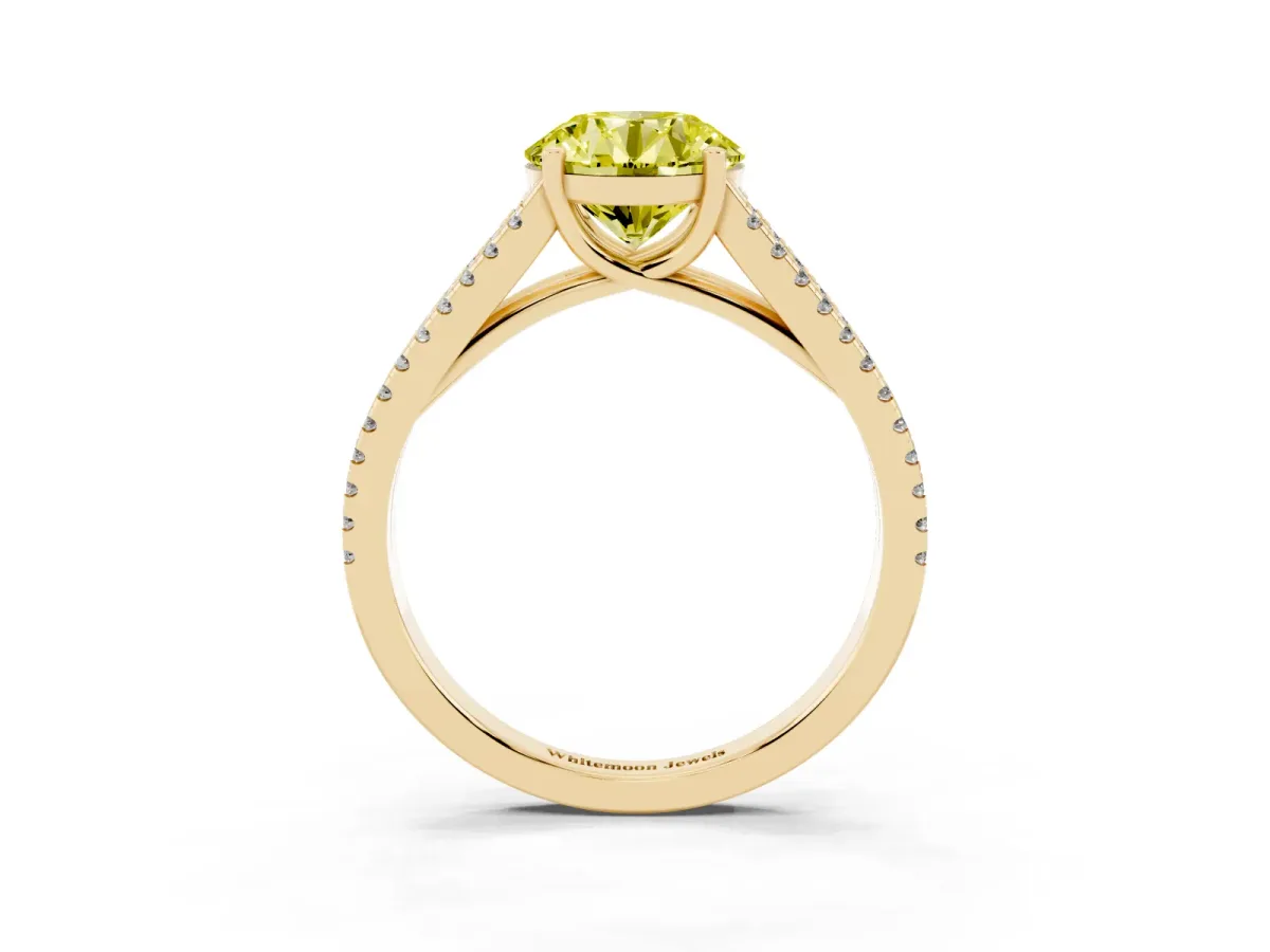 Fancy Yellow Round Cut Diamond Solitaire Engagement Ring with Split Shank Pavé Band Yellow gold