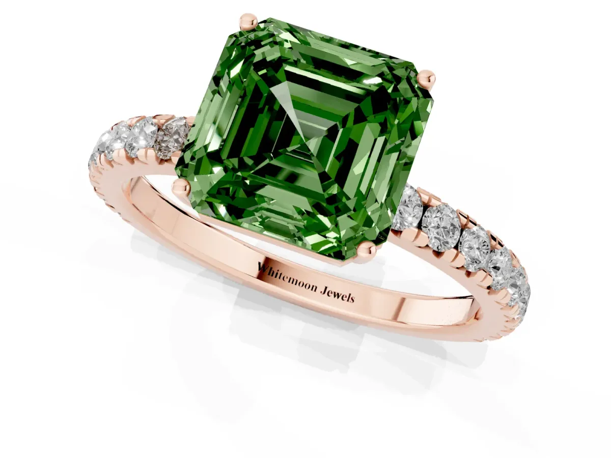 Fancy Green Asscher Cut Diamond Pavé Solitaire Engagement Ring with Four-Prong Setting Rose gold