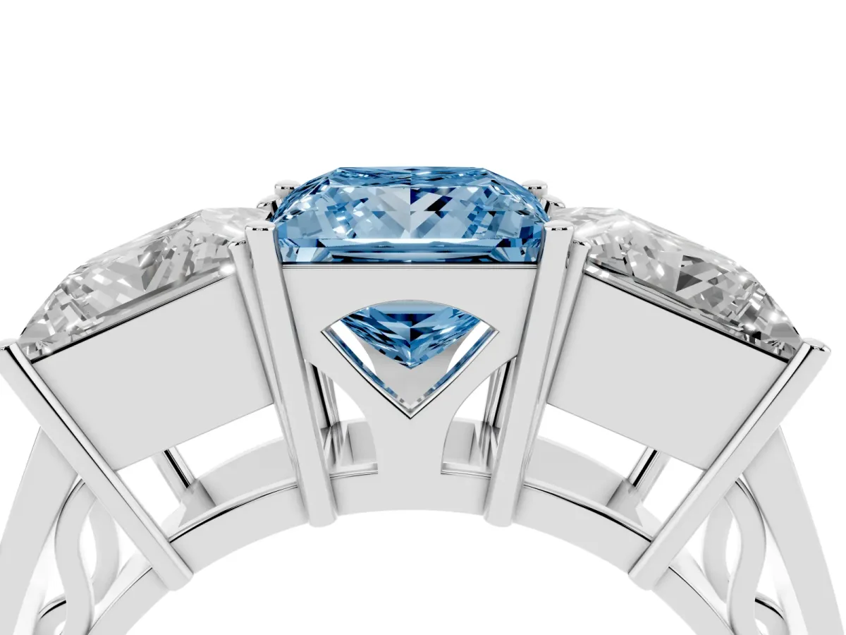 Fancy Blue Princess Cut Diamond Three-Stone Ring with Prong Setting and Textured Band Silver