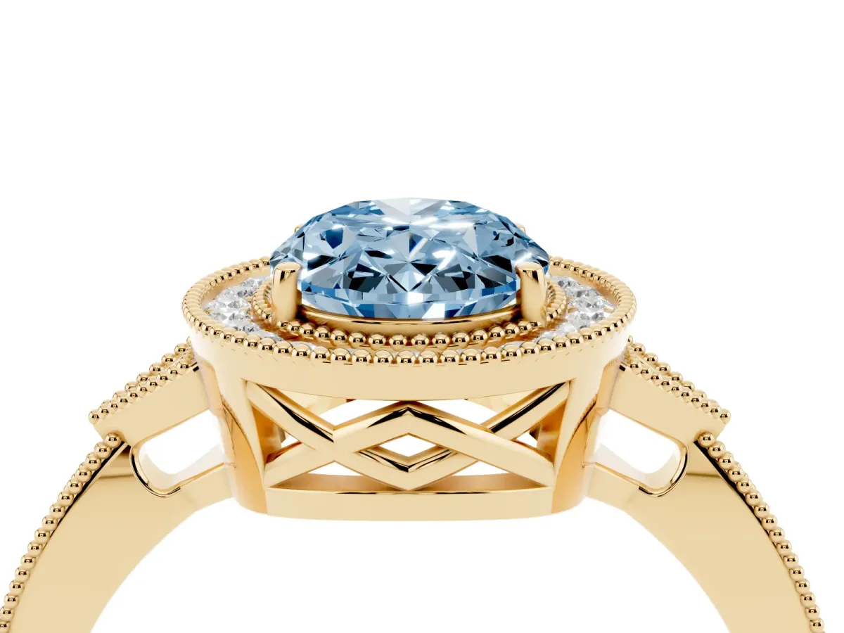 Fancy Blue Oval Cut Halo Round Diamond Milgrain Pave Engagement Ring Yellow gold