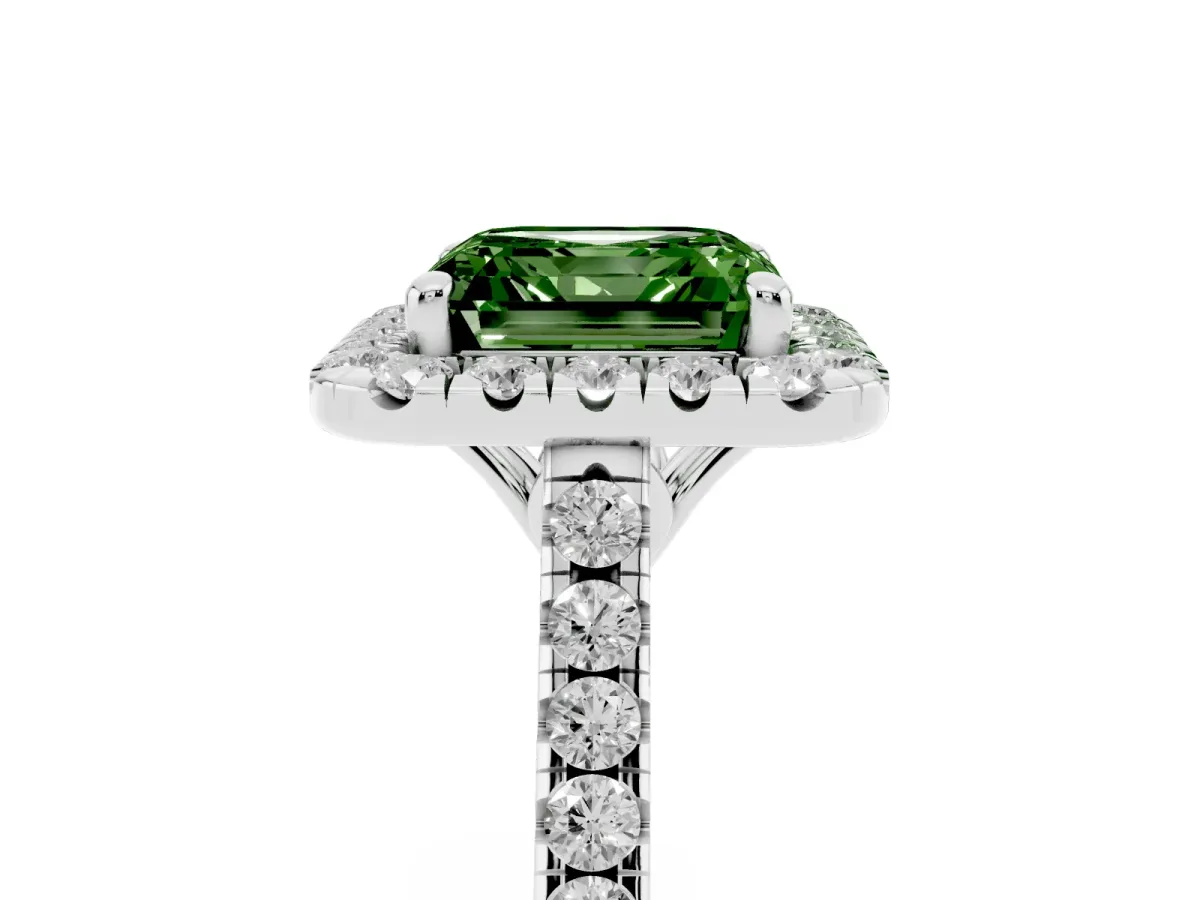 Fancy Green Asscher Cut Halo Pavé Diamond Engagement Ring with Four-Prong Setting Silver