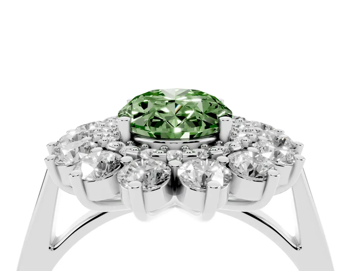 Fancy Green Oval Cut Diamond Floral Double Halo Engagement Ring with Prong Setting Platinum