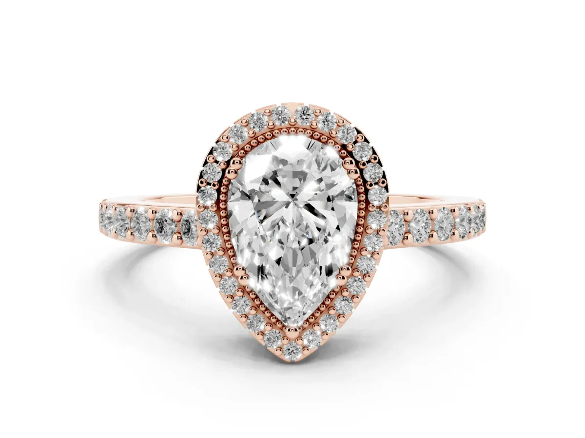 Pear Cut Cut Diamond Halo Engagement Ring with Milgrain Detail and Pavé Band Rose gold