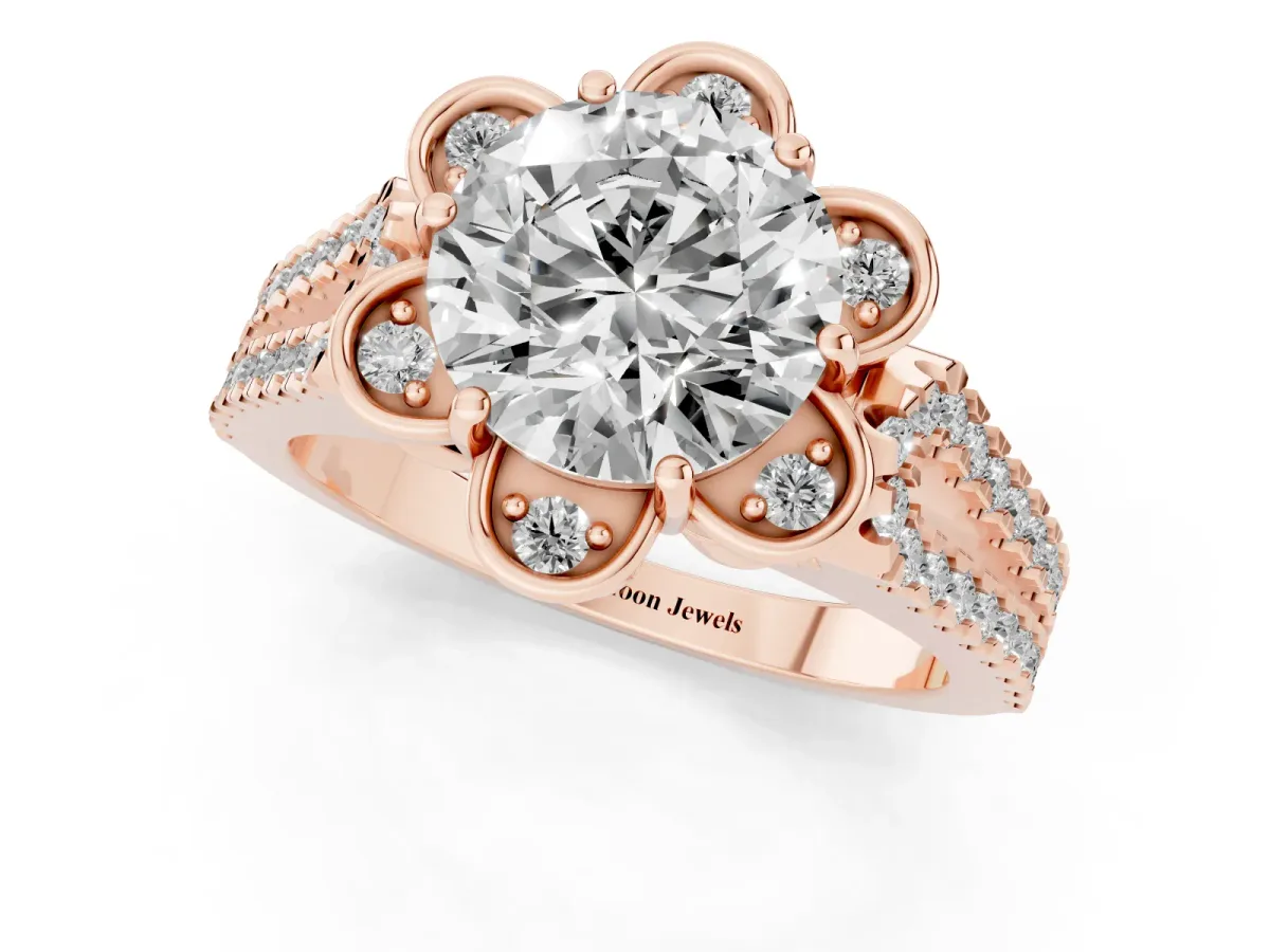 Round Cut Halo Diamond Floral Split Shank Engagement Ring Rose gold