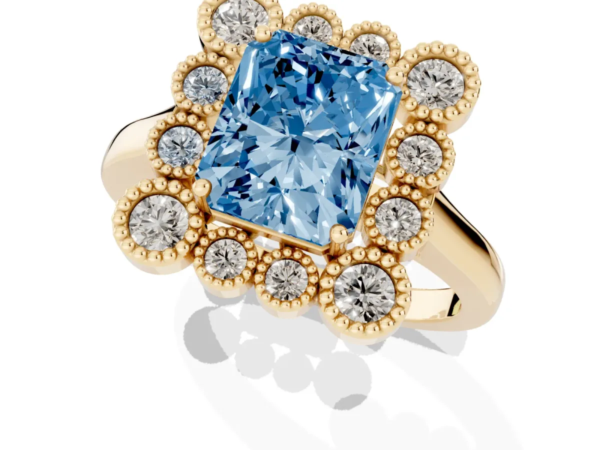 Fancy Blue Radiant Cut Halo Diamond Cluster Engagement Ring with Milgrain Bezel Setting and Solitaire Band Yellow gold