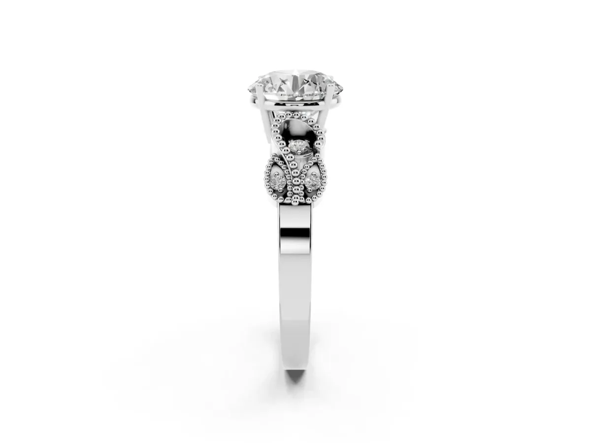 Round Cut Solitaire Milgrain Leaf Band with Prong Setting Silver