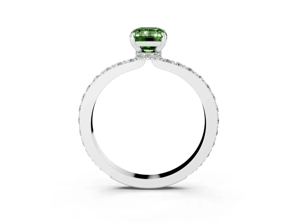 Fancy Green Emerald Cut Diamond Solitaire Engagement Ring with Pavé Band and Four-Prong Setting Platinum