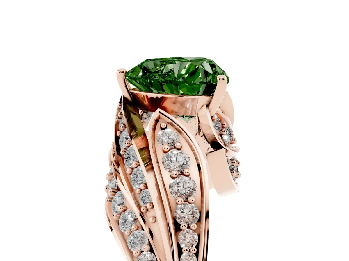 Fancy Green Heart Cut Diamond Solitaire Ring with Prong Setting and Twisted Pavé Band Rose gold
