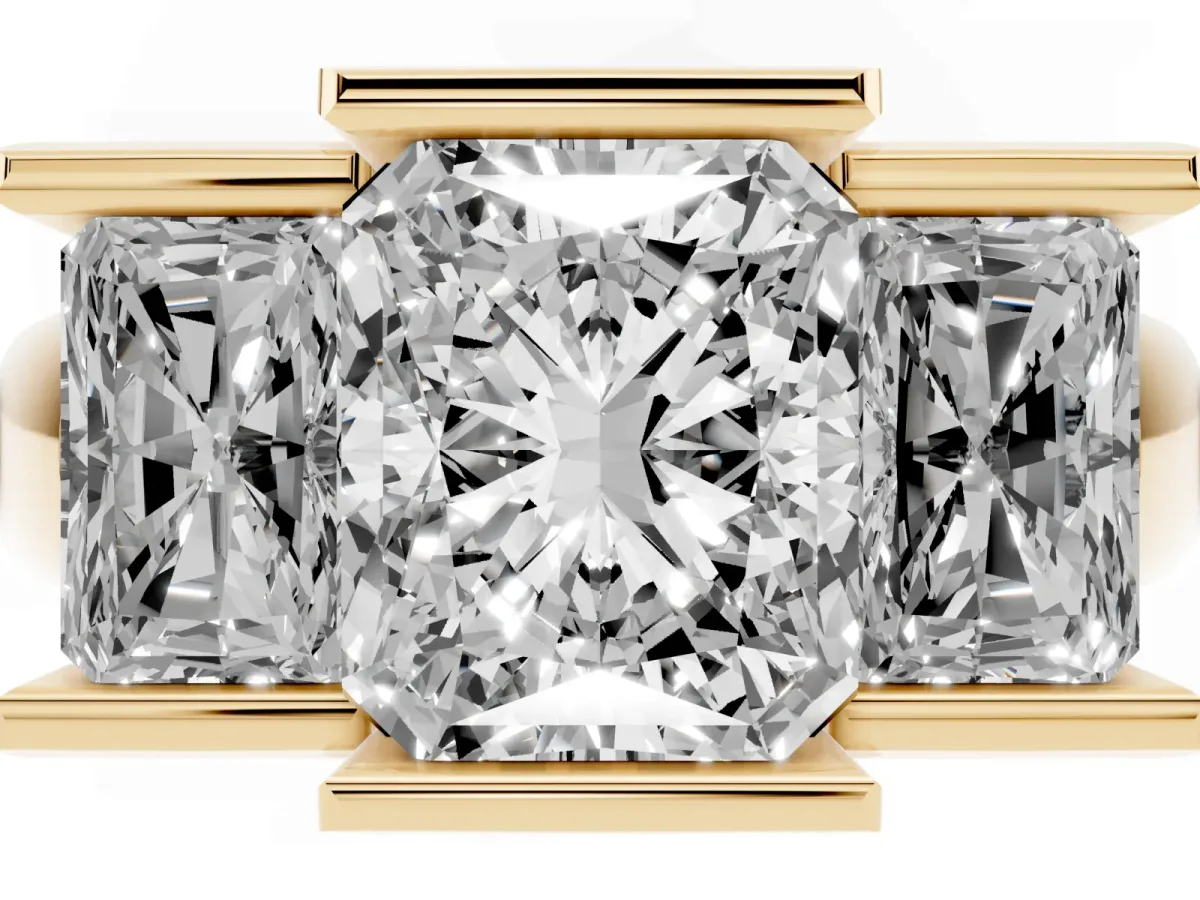 Three Stone Radiant Cut Cut Channel Set Diamond Ring Yellow gold