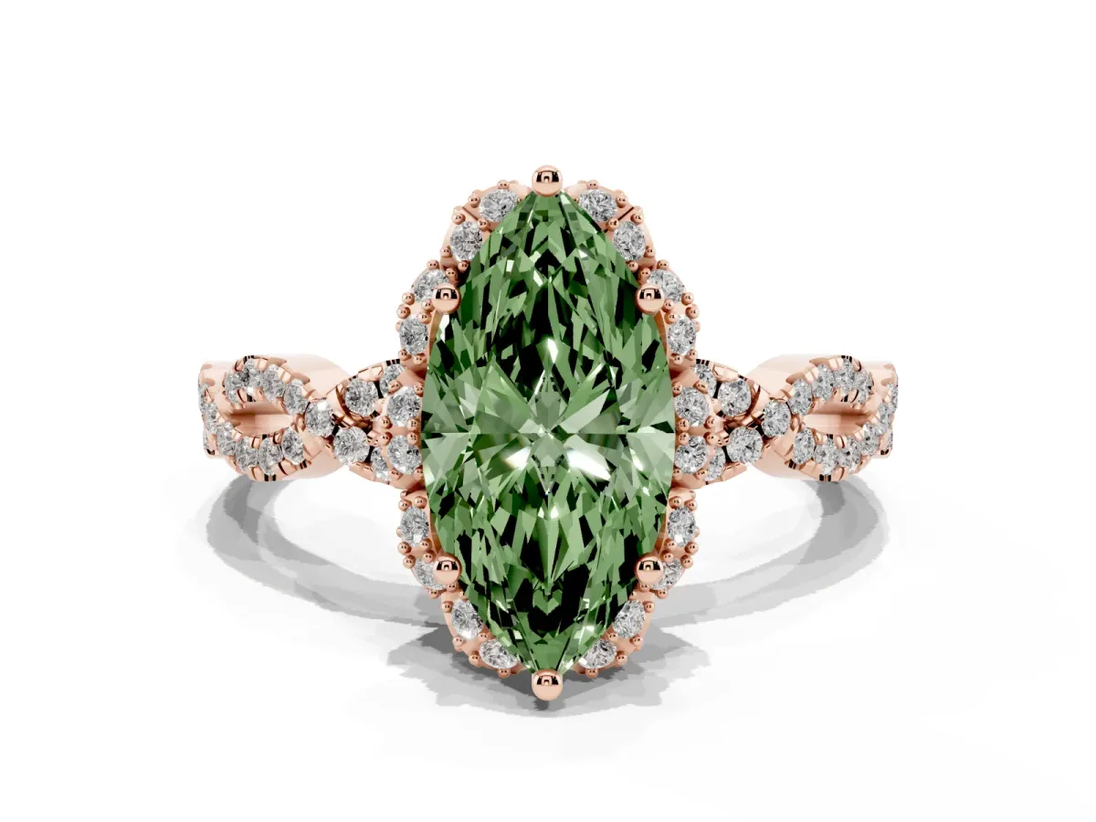 Fancy Green Marquise Cut Halo Twist Band Solitaire Ring with Six-Prong Setting Rose gold