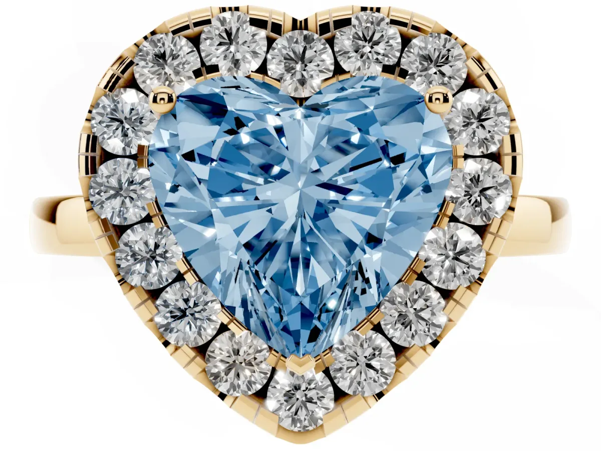 Fancy Blue Heart Cut Halo Diamond Solitaire with Pavé Band and Four-Prong Setting Yellow gold