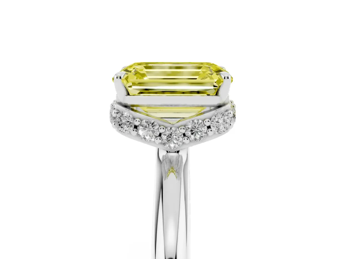 Fancy Yellow Emerald Cut Brilliant Solitaire Engagement Ring with Six-Prong Setting and Classic Band Platinum