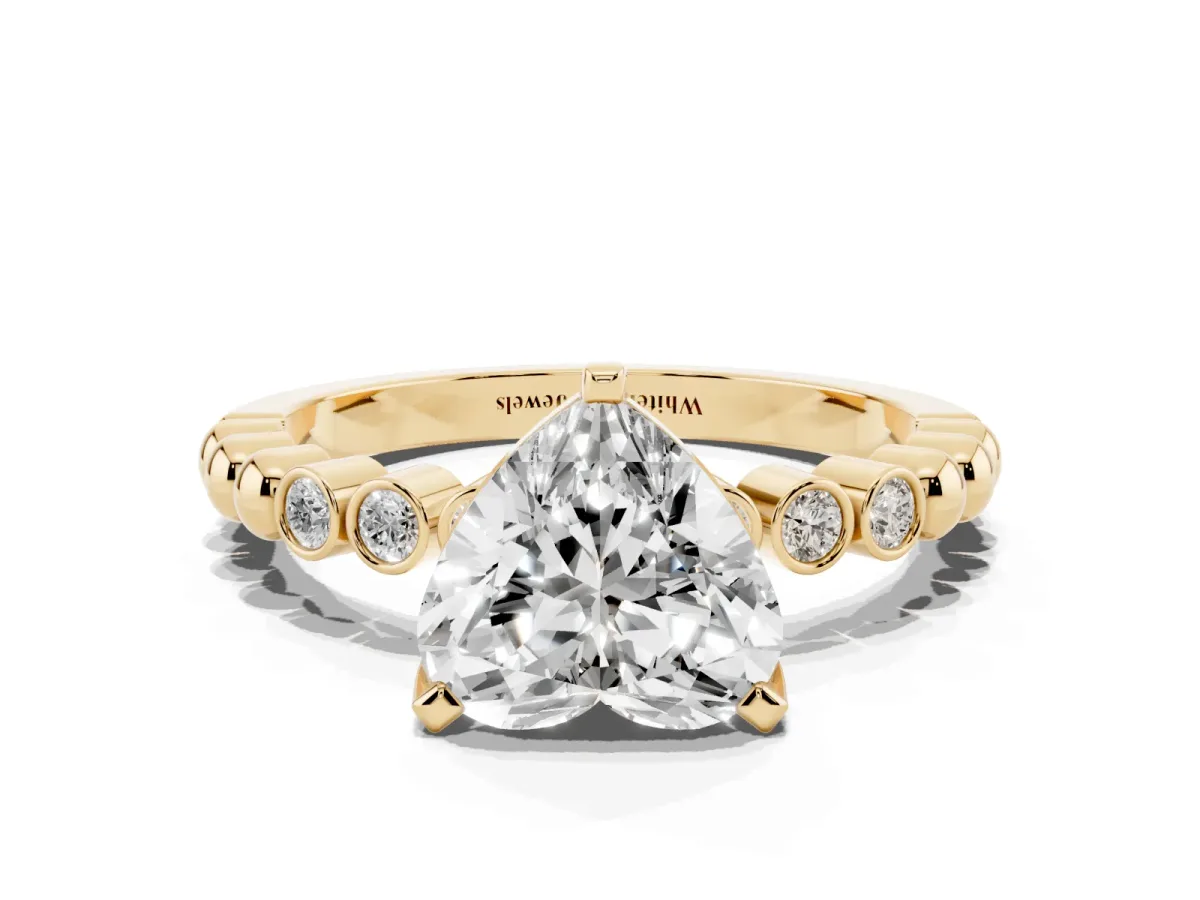 Heart Cut Solitaire Bezel Accent Diamond Engagement Ring with Beaded Band and Four-Prong Setting Yellow gold