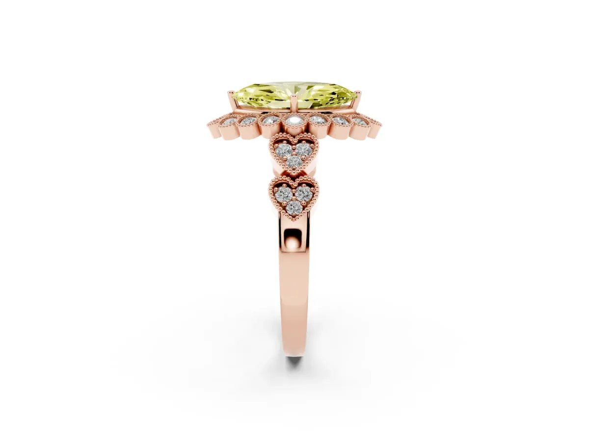 Fancy Yellow Marquise Cut Brilliant Milgrain Pave Heart Band Solitaire Ring Rose gold