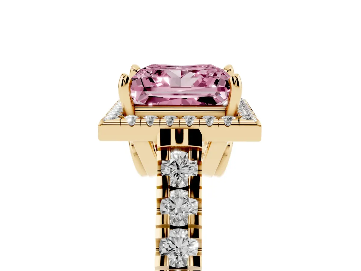 Fancy Pink Princess Cut Halo Pavé Diamond Engagement Ring with Four-Prong Setting Yellow gold