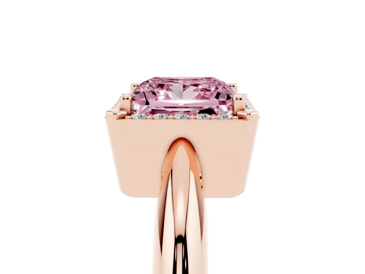 Fancy Pink Princess Cut Cut Diamond Halo Engagement Ring with Split Shank and Four-Prong Setting Rose gold