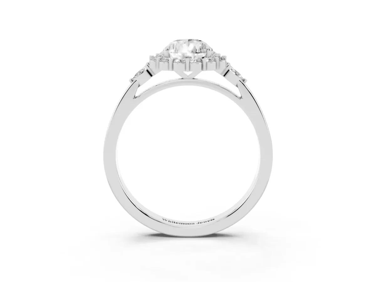 Pear Cut Diamond Halo Ring with Pear Side Stones and Prong Setting Platinum