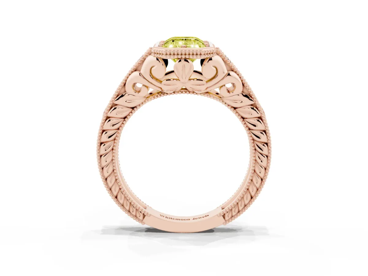 Fancy Yellow Bezel Set Emerald Cut Diamond Milgrain Pave Engagement Ring Rose gold