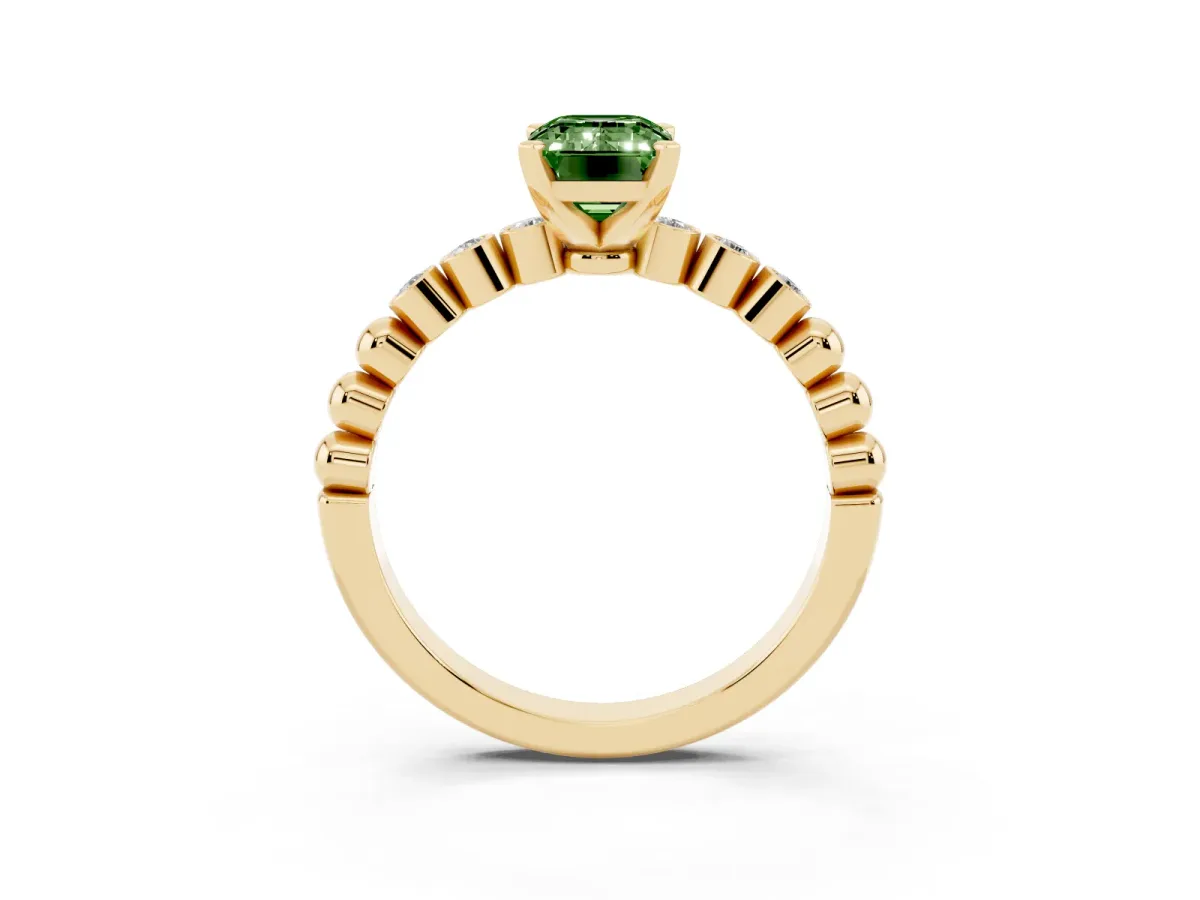 Fancy Green Emerald Cut Solitaire Bezel Accent Diamond Engagement Ring with Beaded Band and Four-Prong Setting Yellow gold