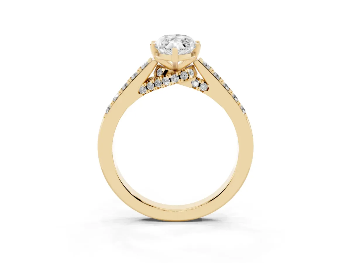 Marquise Cut Diamond Solitaire Ring with Crossover Gallery and Round Pavé Band Yellow gold