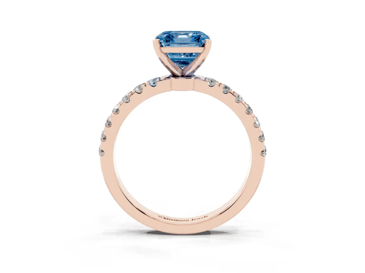 Fancy Blue Asscher Cut Diamond Solitaire Ring with Pavé Accents and Four-Prong Setting Rose gold