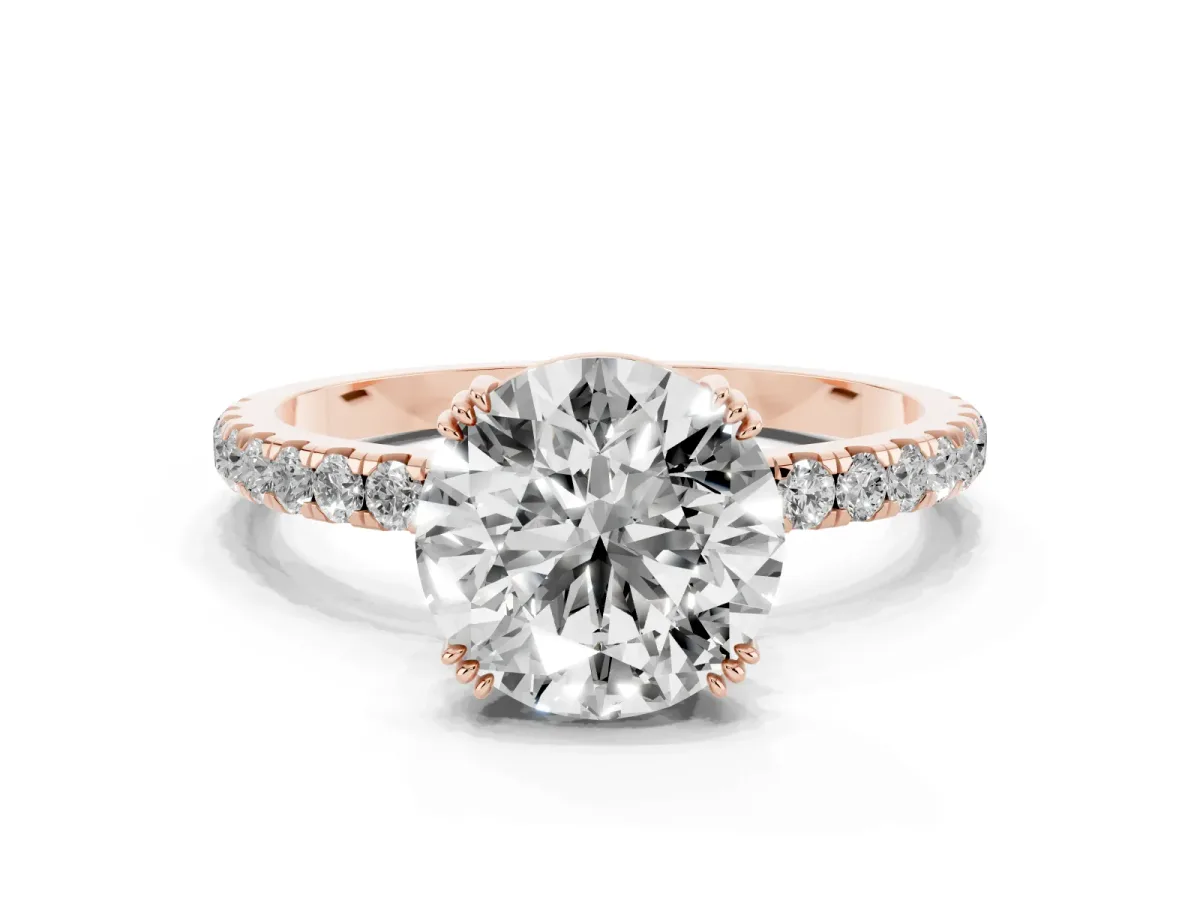 Round Cut Brilliant Solitaire with Pavé Band and Claw Prong Setting Rose gold